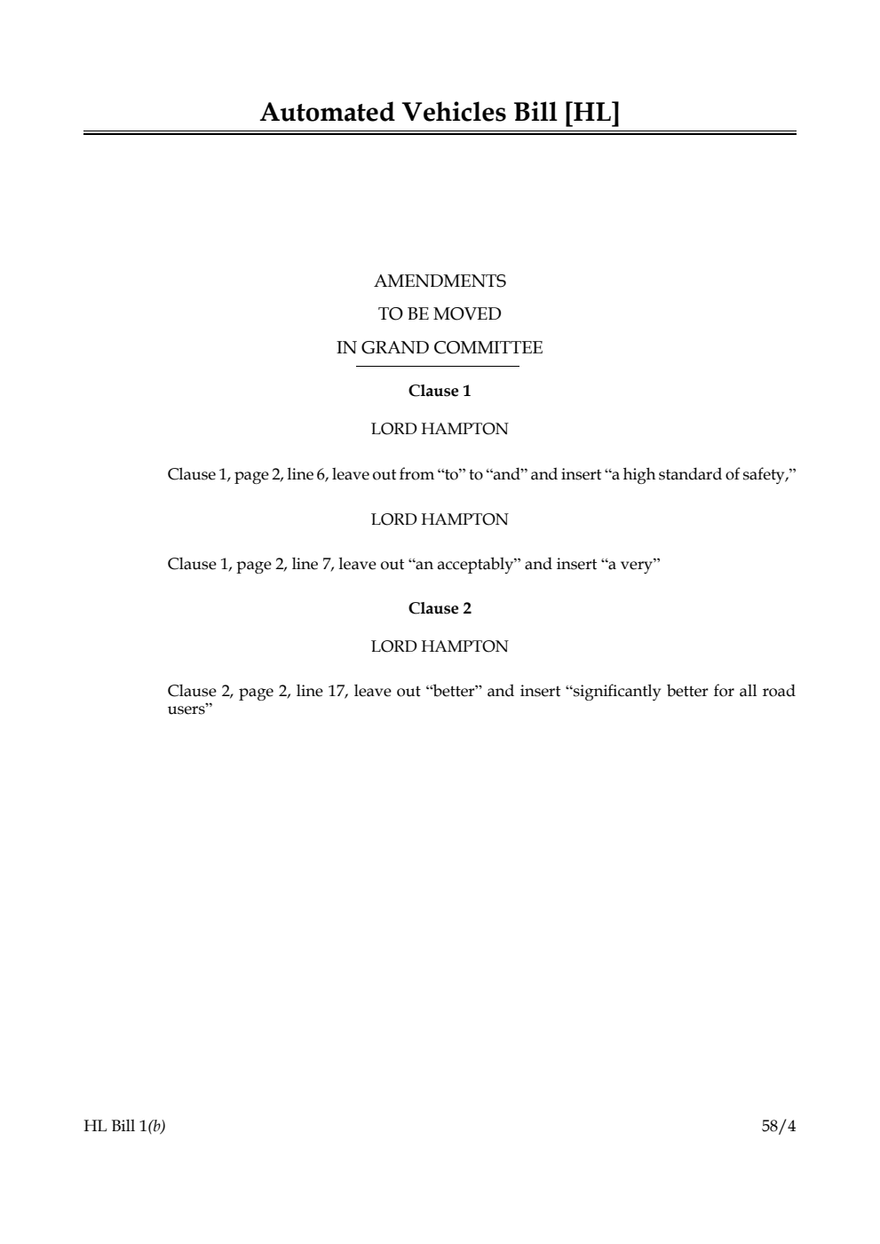 Automated Vehicles Bill Amendments to be moved in Grand Committee