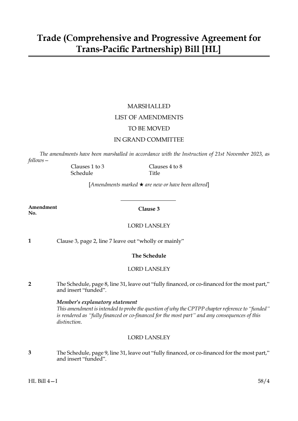 Trade (Comprehensive and Progressive Agreement for Trans-Pacific Partnership) Bill Marshalled list of amendments to be moved in Grand Committee