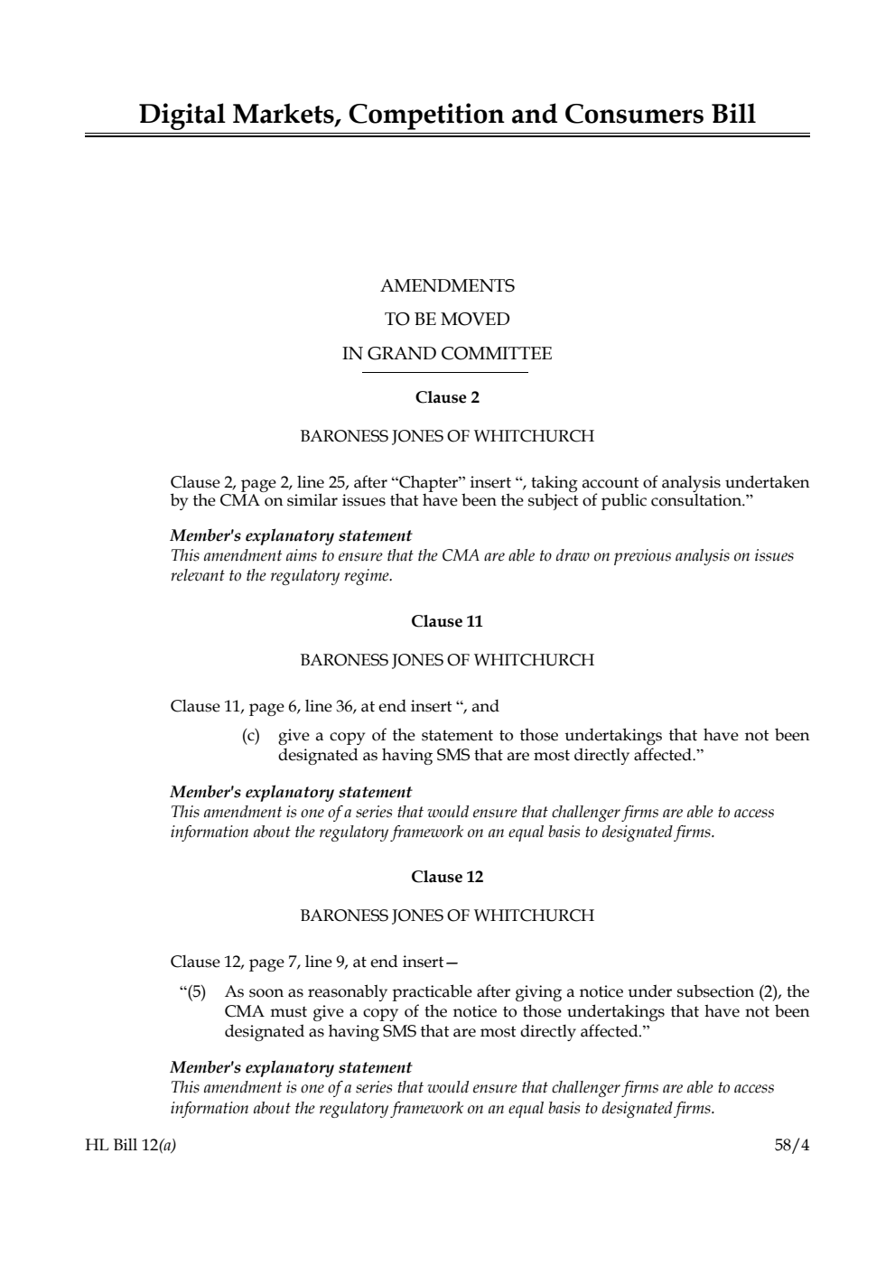 Digital Markets, Competition and Consumers Bill Amendments to be moved in Grand Committee