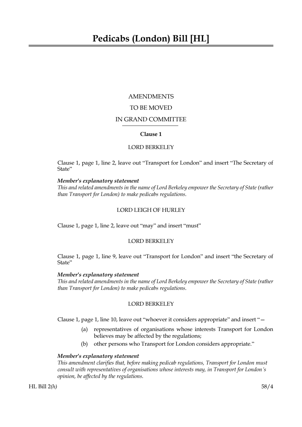 Pedicabs (London) Bill Amendments to be moved in Grand Committee
