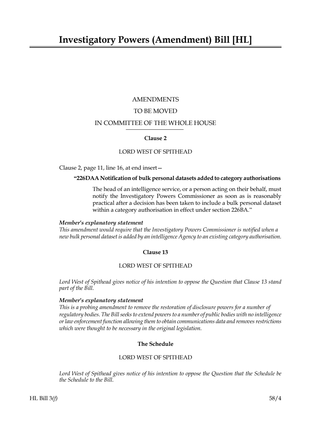 Investigatory Powers (Amendment) Bill Amendments to be moved in committee of the whole House