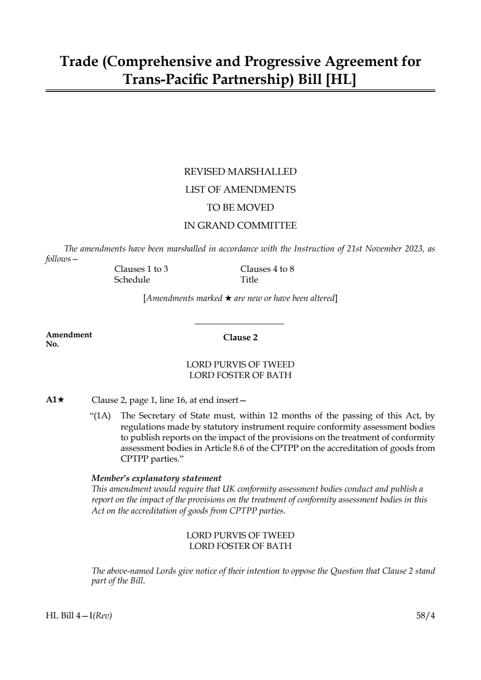 Trade (Comprehensive and Progressive Agreement for Trans-Pacific Partnership) Bill Revised marshalled list of amendments to be moved in Grand Committee