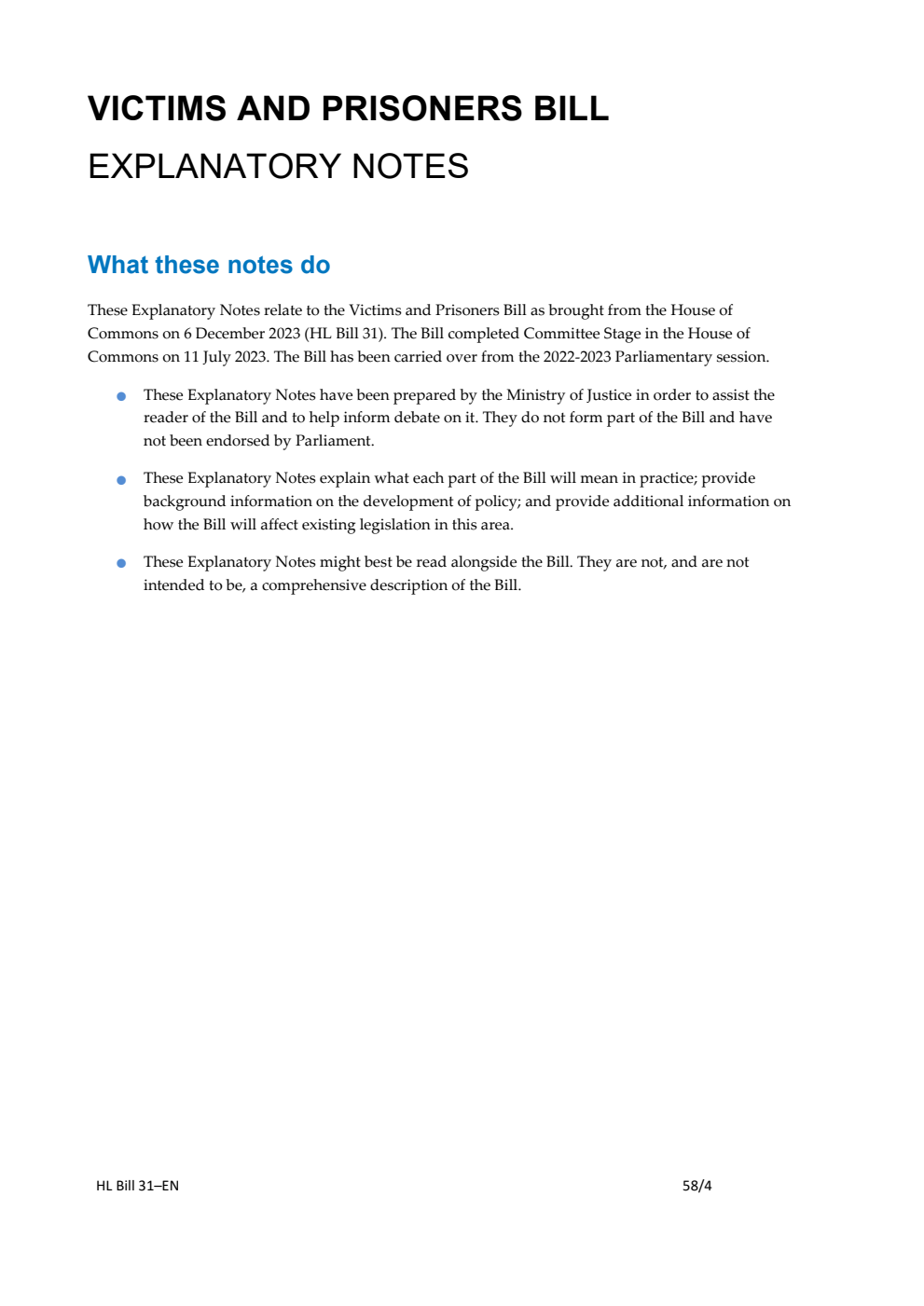 Victims and Prisoners Bill Explanatory Notes