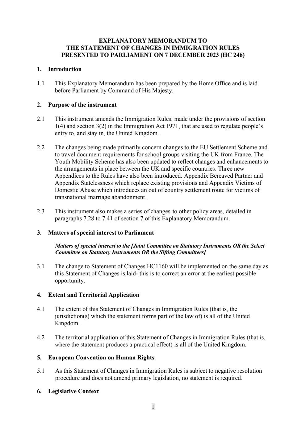 Explanatory Memorandum to the Statement of Changes in Immigration Rules
