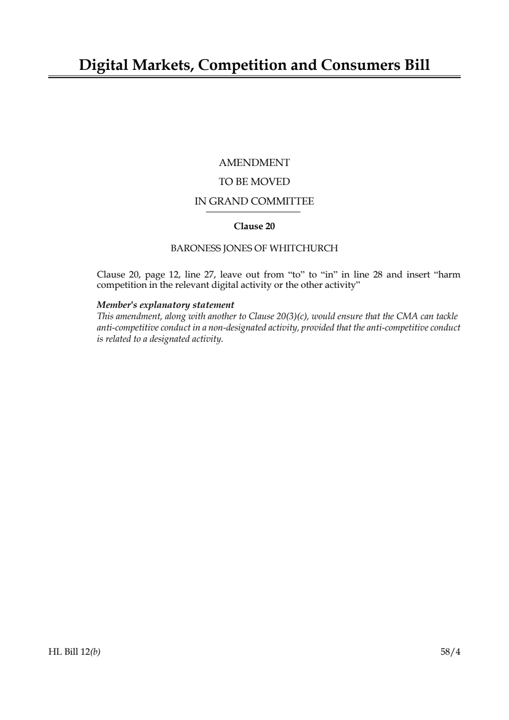 Digital Markets, Competition and Consumers Bill Amendment to be moved in Grand Committee