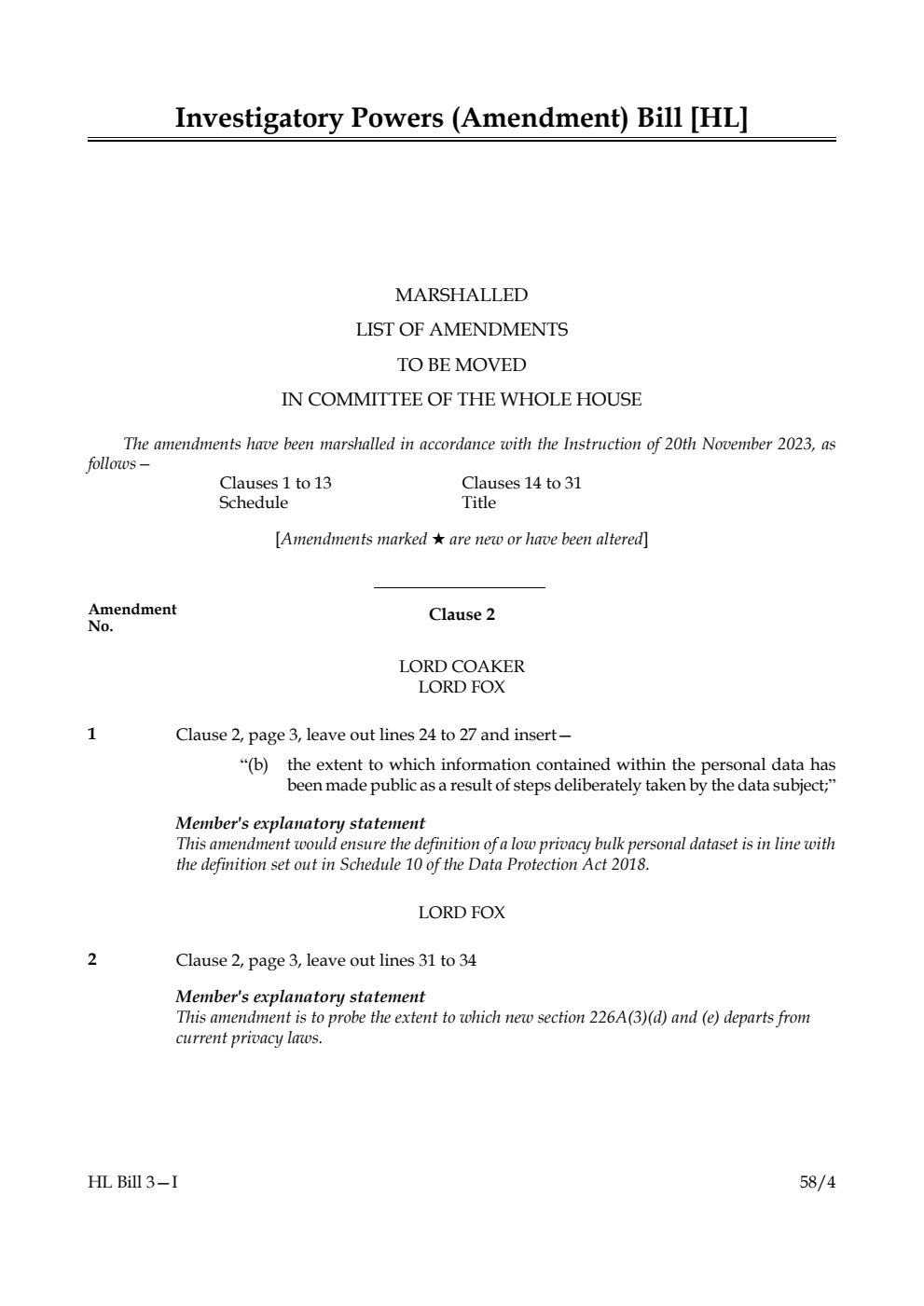 Investigatory Powers (Amendment) Bill Marshalled list of amendments to be moved in committee of the whole House