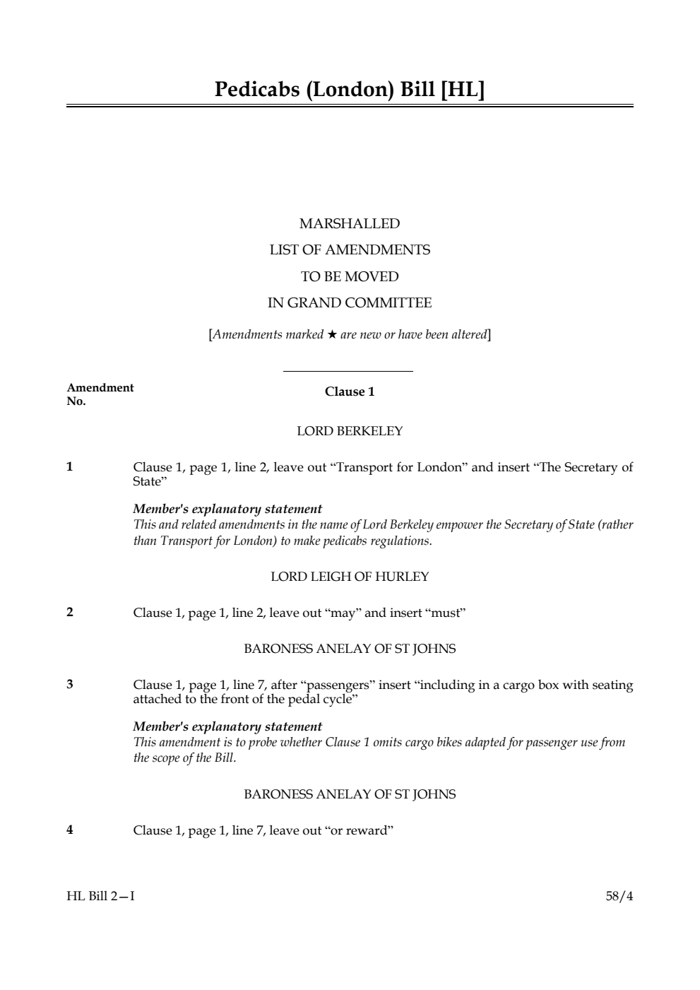 Pedicabs (London) Bill Marshalled list of amendments to be moved in Grand Committee