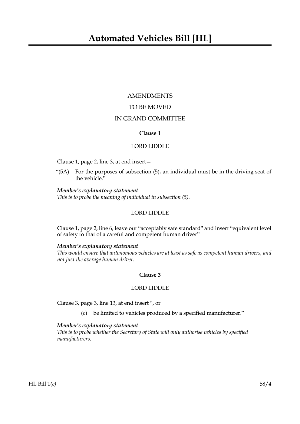 Automated Vehicles Bill Amendments to be moved in Grand Committee