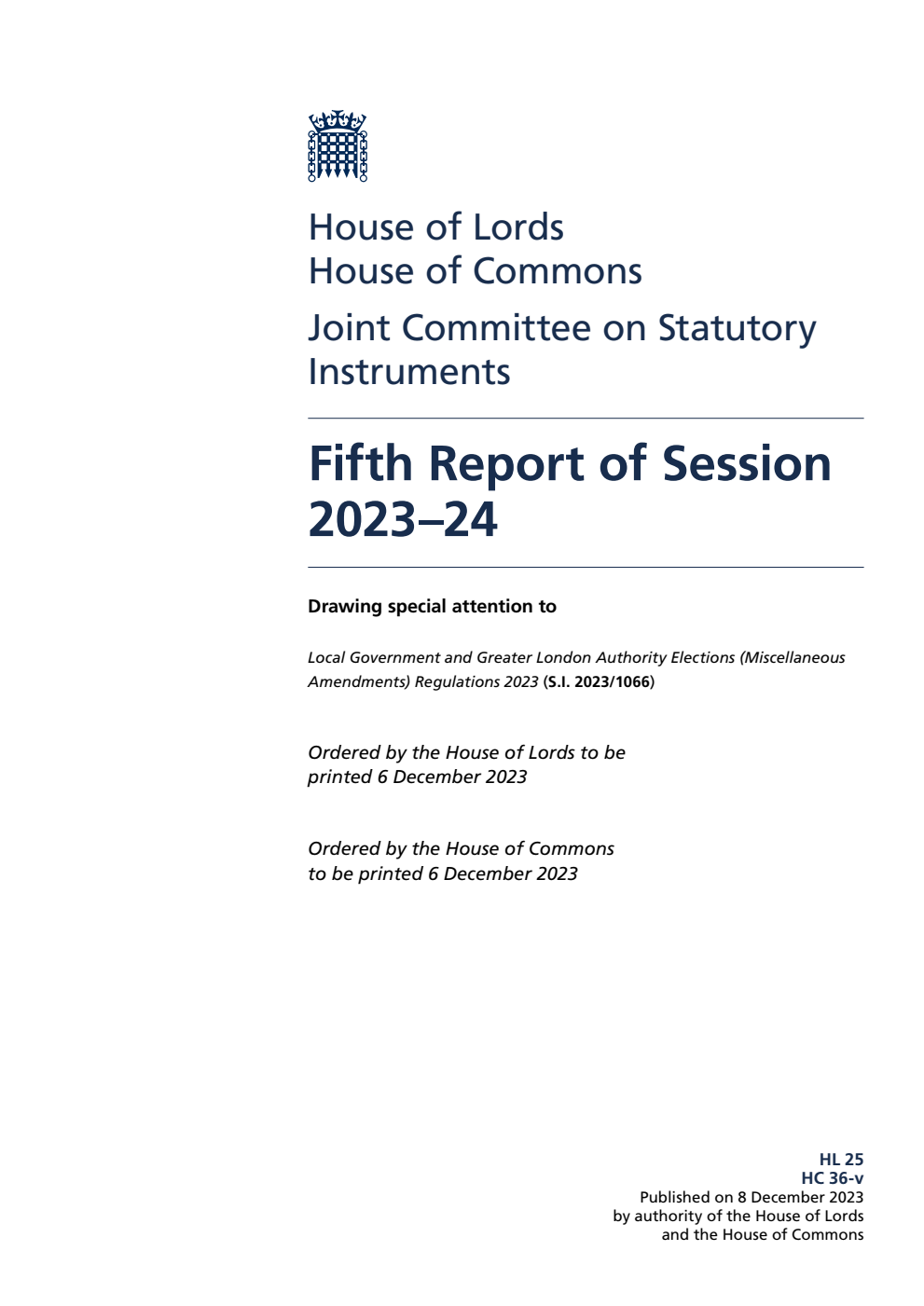 Joint Committee on Statutory Instruments 5th Report of Session 2023-24