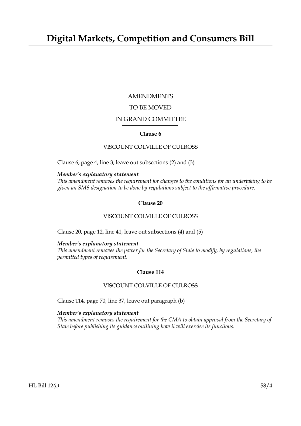 Digital Markets, Competition and Consumers Bill Amendments to be moved in Grand Committee