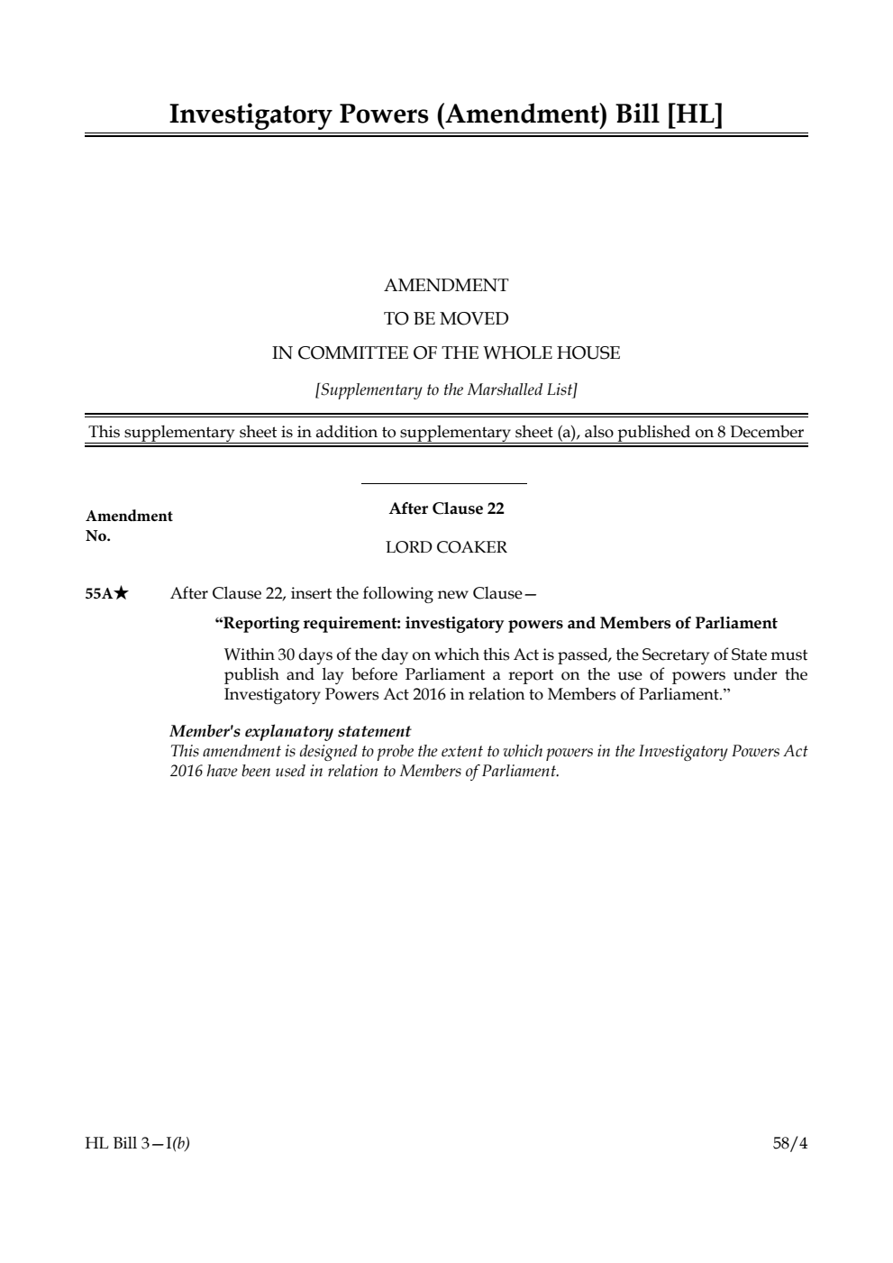 Investigatory Powers (Amendment) Bill Amendment to be moved in Committee of the Whole House [Supplementary to the Marshalled List]