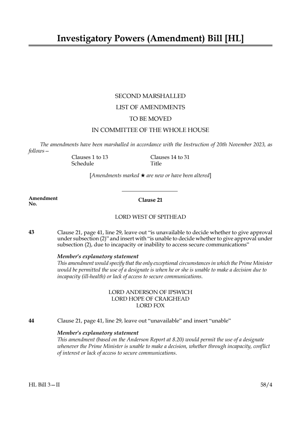 Investigatory Powers (Amendment) Bill Second Marshalled List of amendments to be moved in Committee of the Whole House
