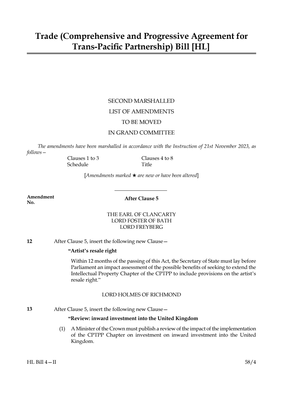 Trade (Comprehensive and Progressive Agreement for Trans-Pacific Partnership) Bill Second Marshalled List of amendments to be moved in Grand Committee