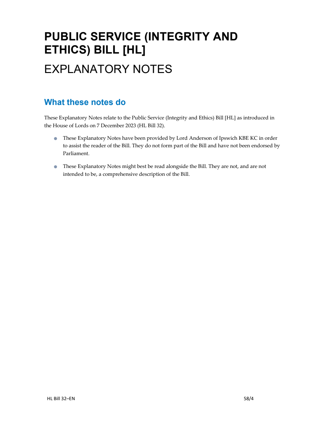 Public Service (Integrity and Ethics) Bill Explanatory Notes