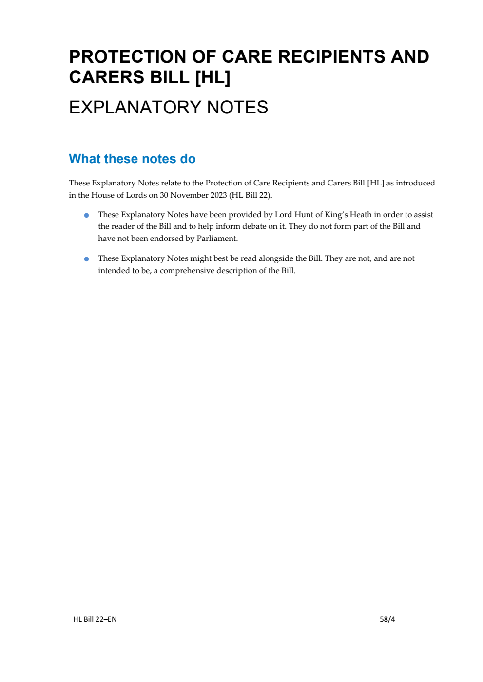 Protection of Care Recipients and Carers Bill Explanatory Notes