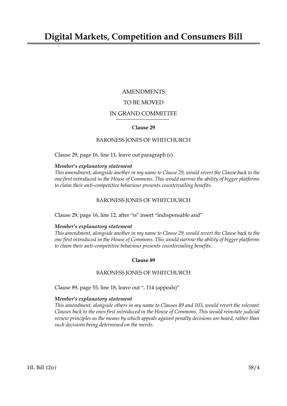 Digital Markets, Competition and Consumers Bill Amendments to be moved in Grand Committee