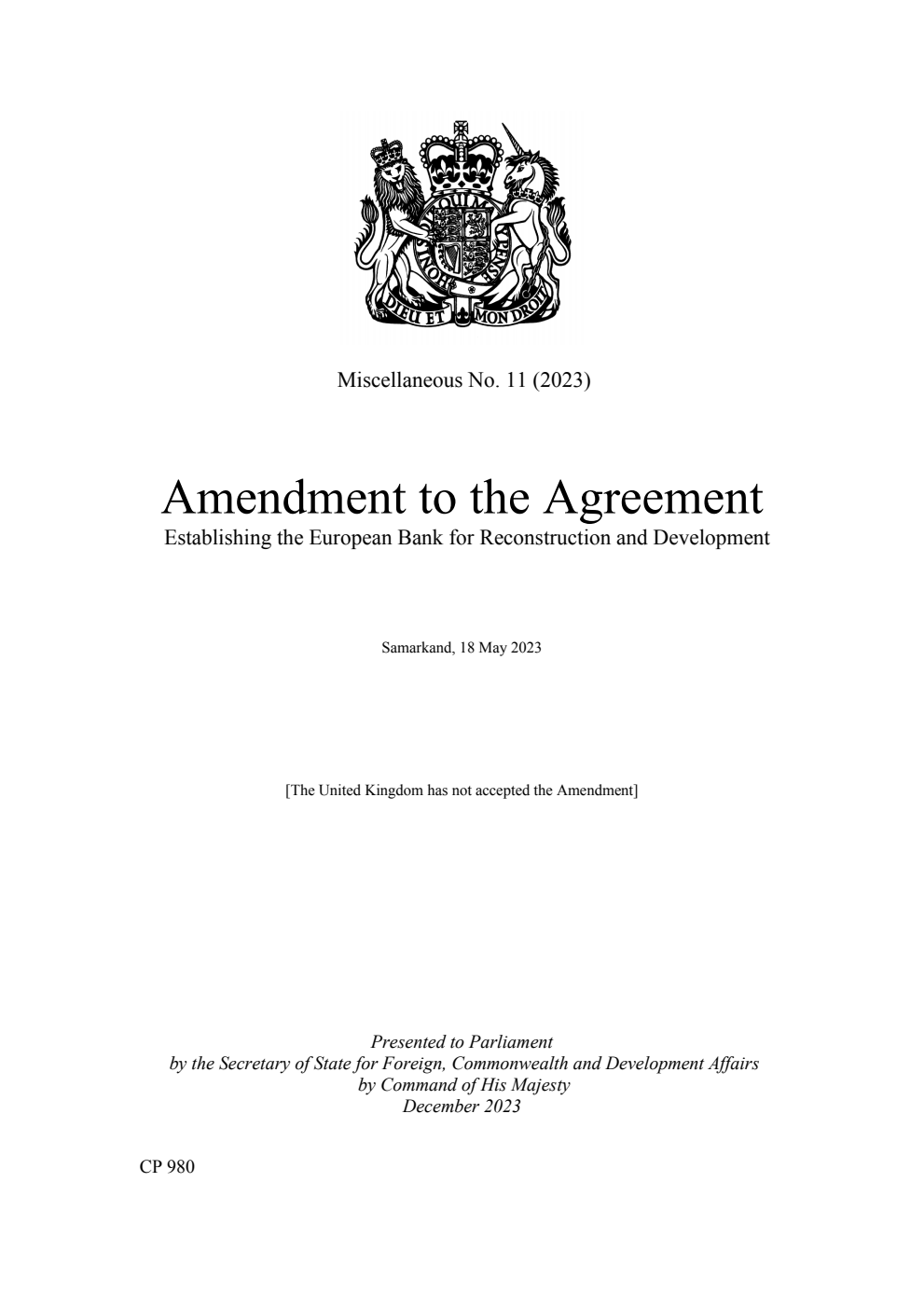Miscellaneous No. 11 (2023) Amendment to the Agreement Establishing the European Bank for Reconstruction and Development. Samarkand, 18 May 2023