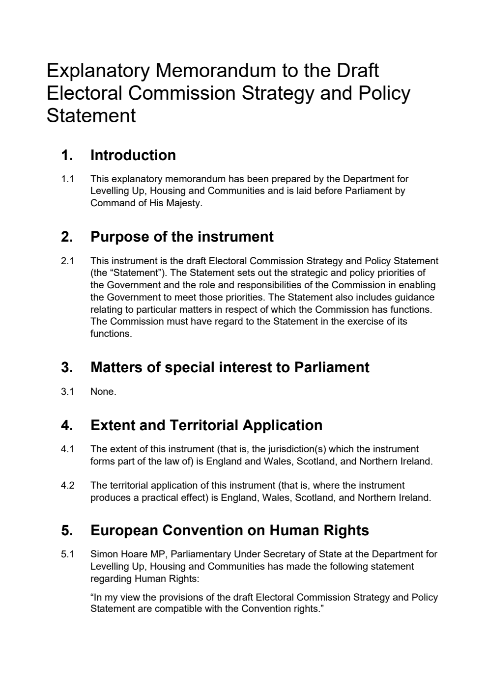 Explanatory Memorandum to the Draft Electoral Commission Strategy and Policy Statement