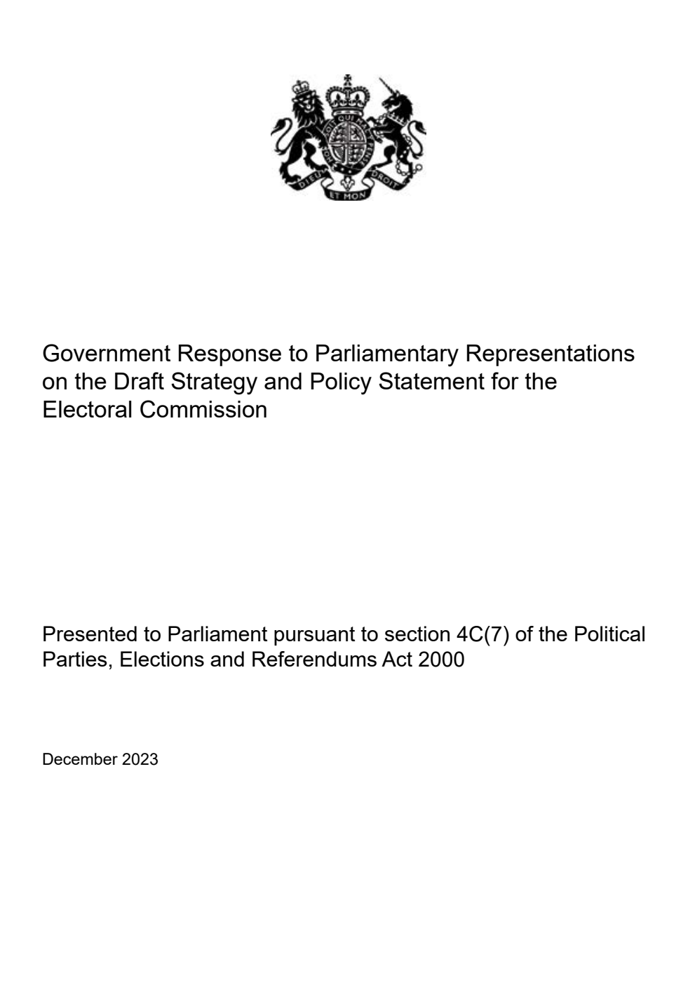 Government Response to Parliamentary Representations on the Draft Strategy and Policy Statement for the Electoral Commission