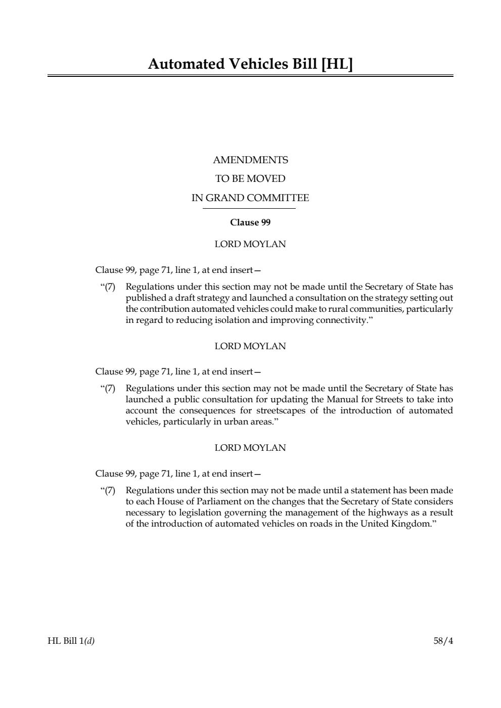 Automated Vehicles Bill Amendments to be moved in Grand Committee