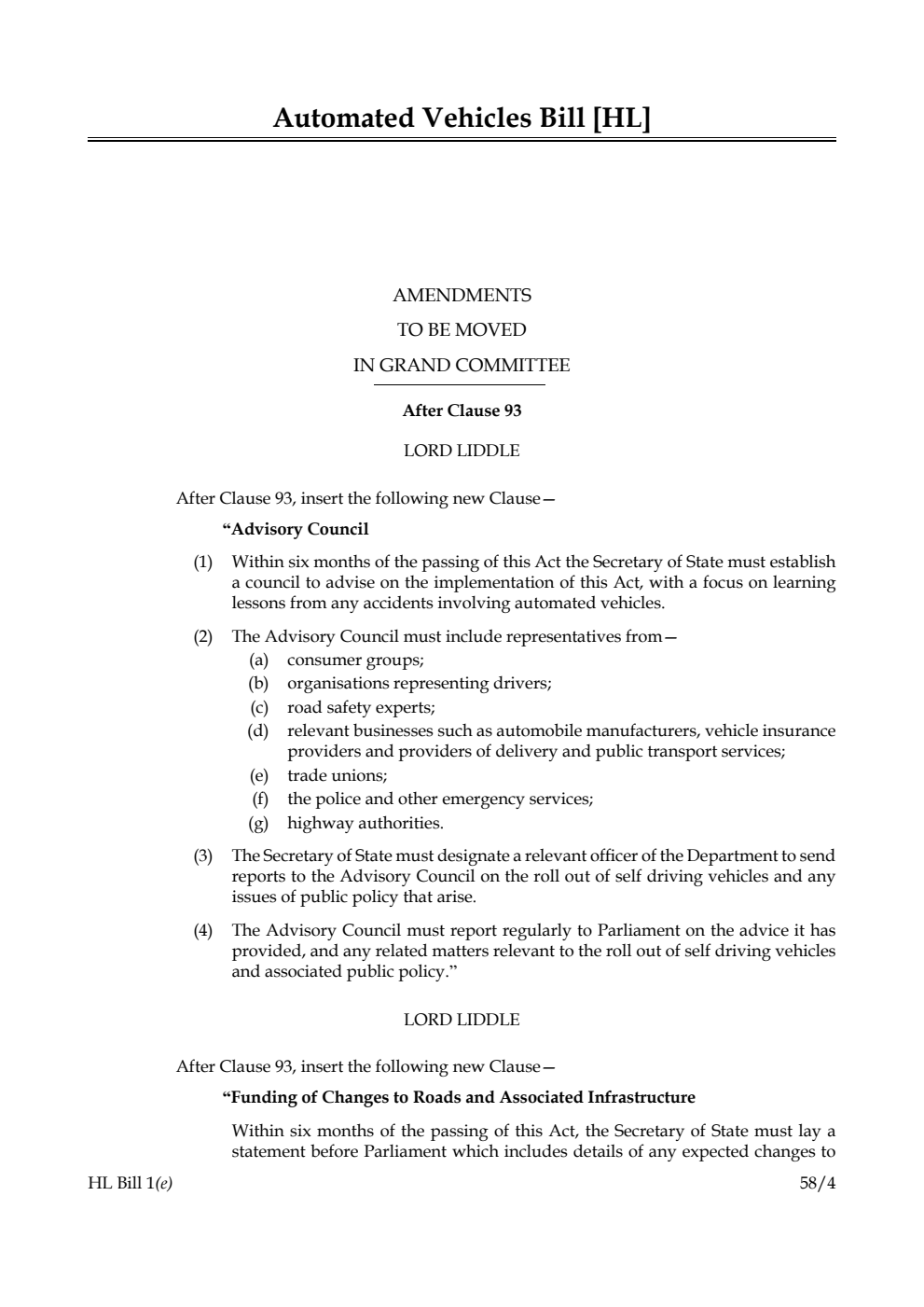 Automated Vehicles Bill Amendments to be moved in Grand Committee