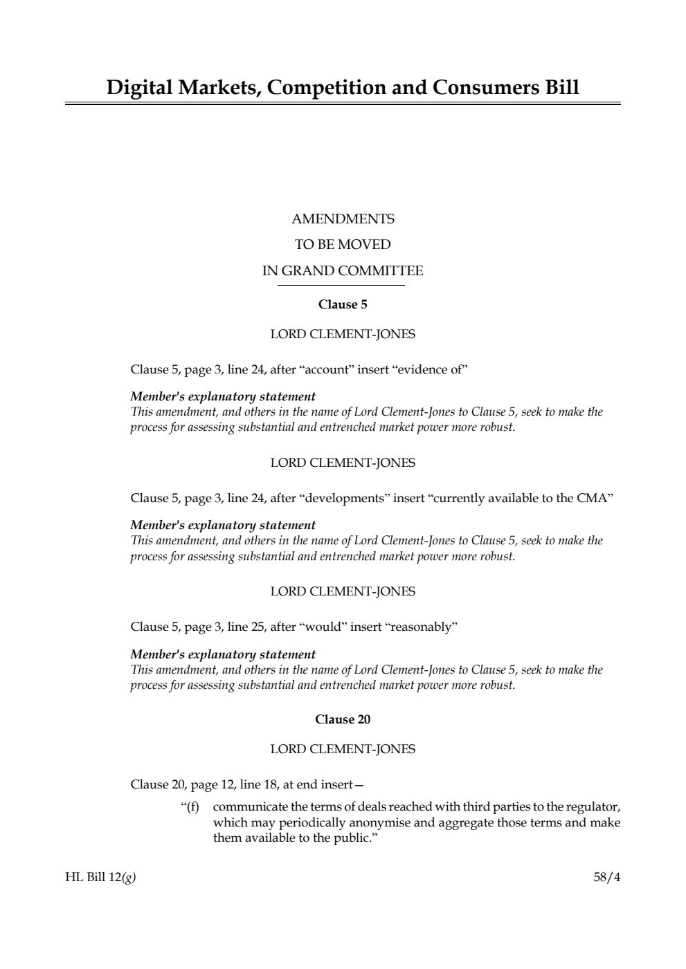 Digital Markets, Competition and Consumers Bill Amendments to be moved in Grand Committee