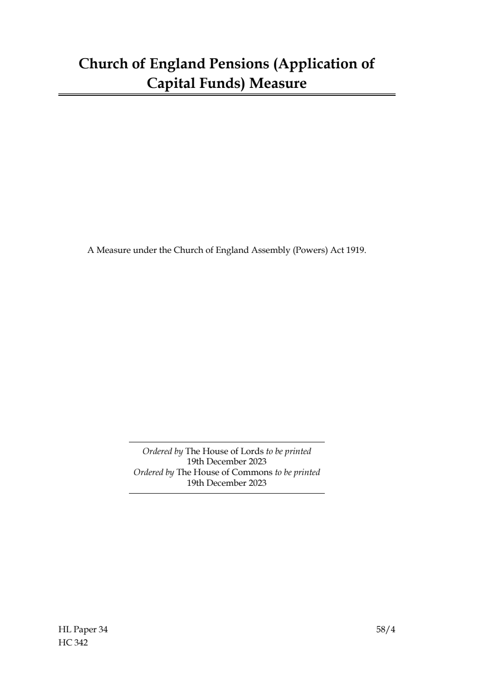 Ecclesiastical Committee. Church of England Pensions (Application of Capital Funds) Measure