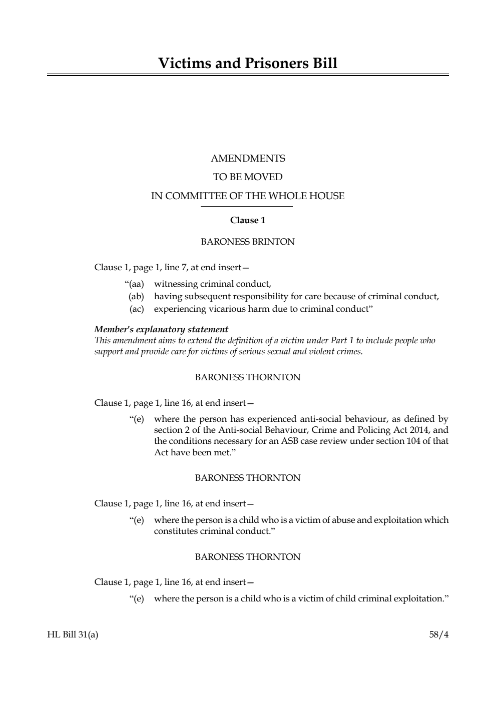 Victims and Prisoners Bill Amendments to be moved in Committee of the Whole House