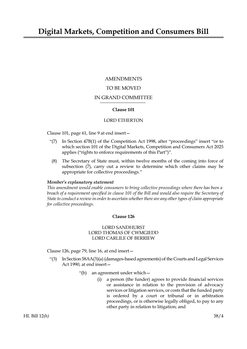 Digital Markets, Competition and Consumers Bill Amendments to be moved in Grand Committee