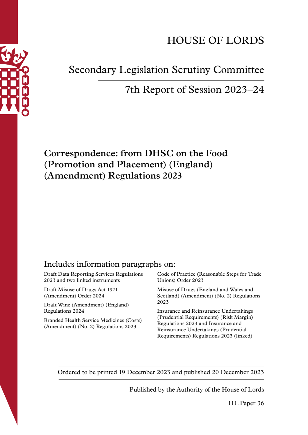 Secondary Legislation Scrutiny Committee 7th Report. Correspondence: from DHSC on the Food (Promotion and Placement) (England) (Amendment) Regulations 2023