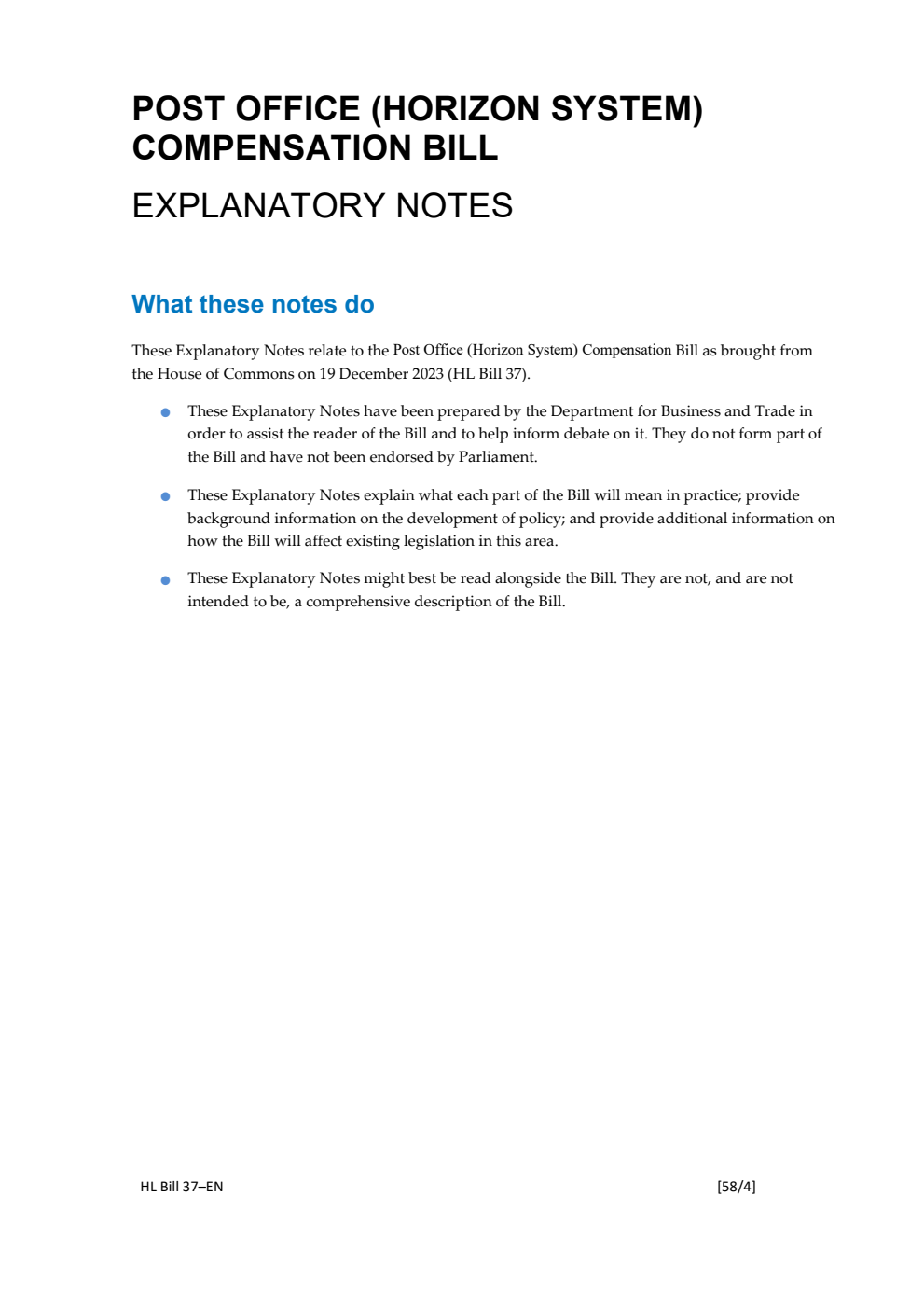 Post Office (Horizon System) Compensation Bill Explanatory Notes