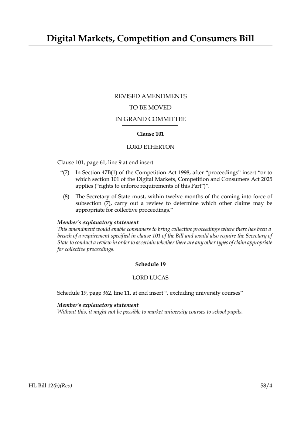 Digital Markets, Competition and Consumers Bill Revised amendments to be moved in Grand Committee