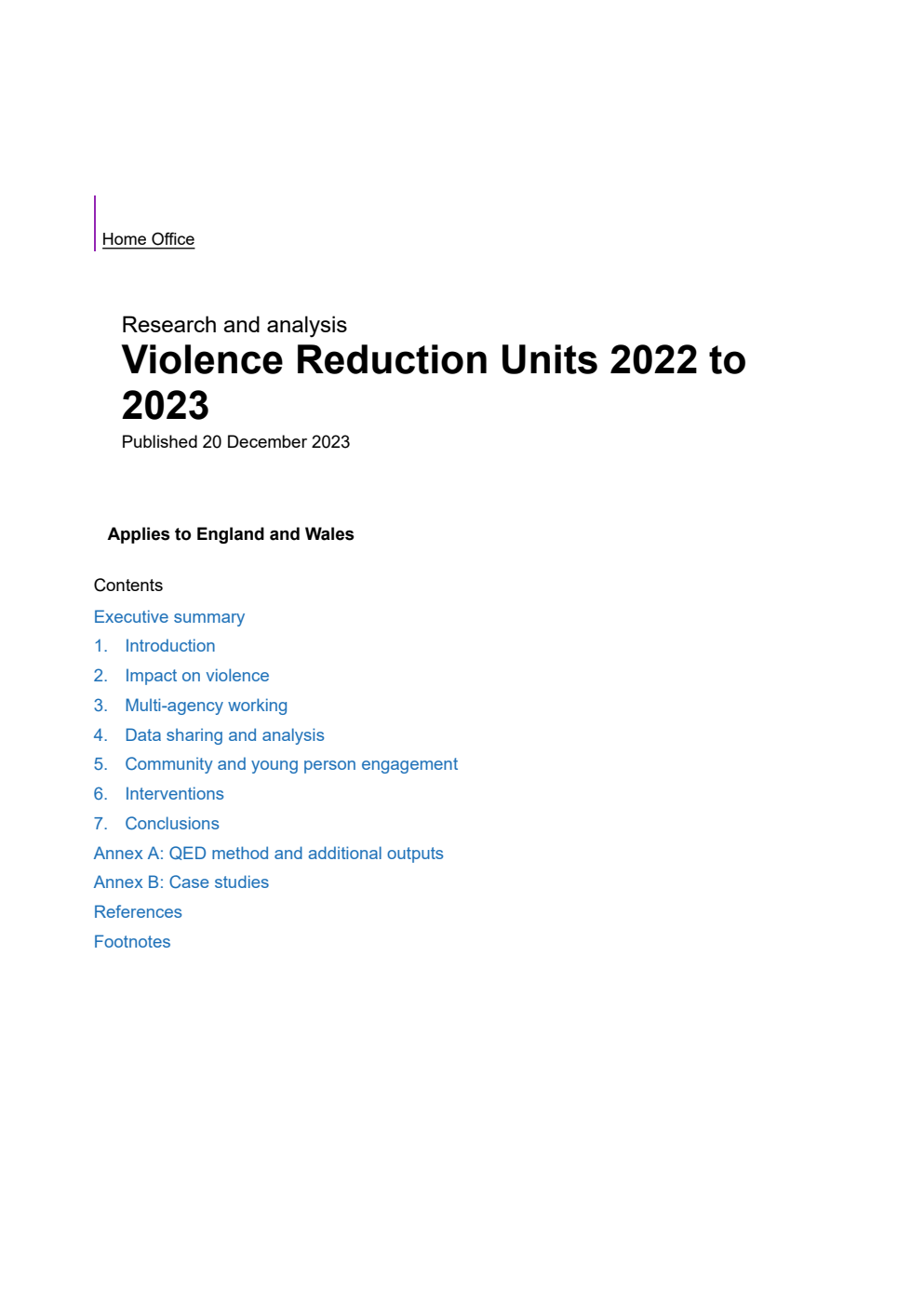 Home Office Research Report Violence Reduction Units 2022 to 2023