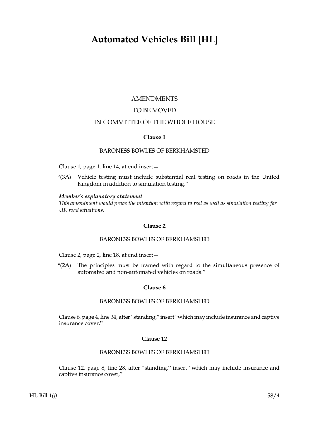 Automated Vehicles Bill Amendments to be moved in Committee of the Whole House