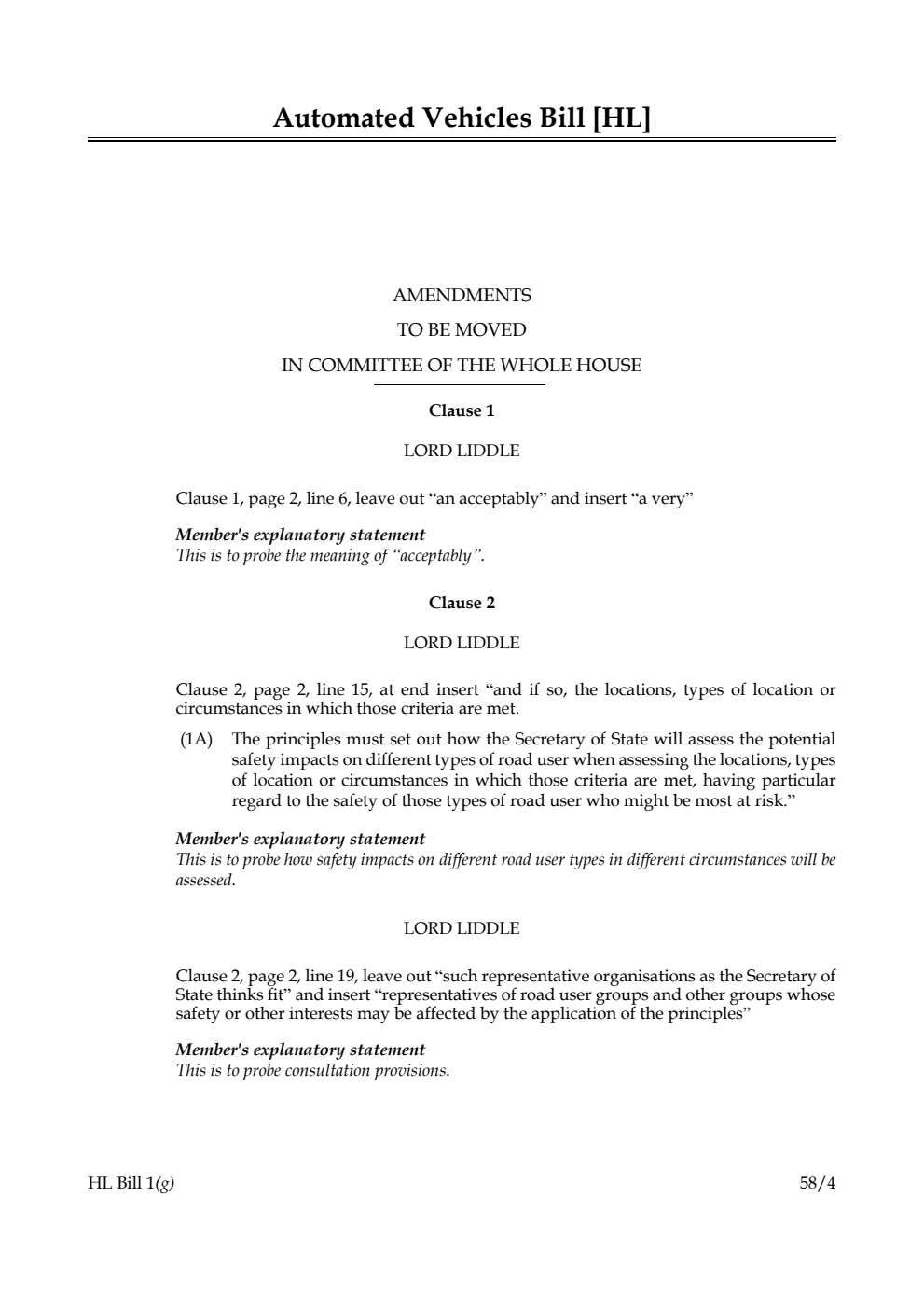 Automated Vehicles Bill Amendments to be moved in Committee of the Whole House