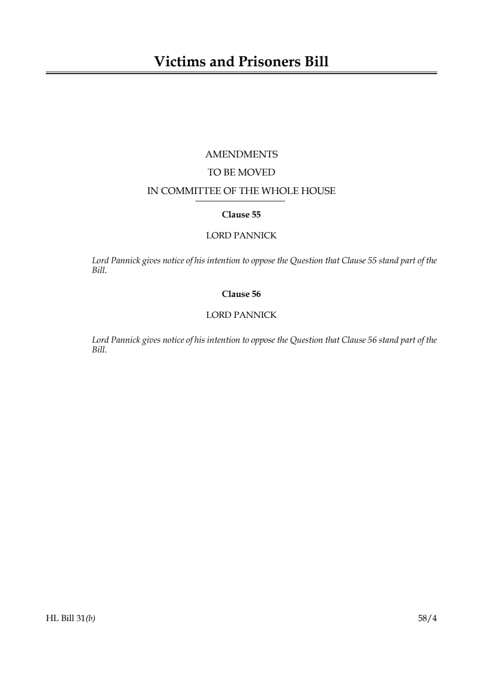 Victims and Prisoners Bill Amendments to be moved in Committee of the Whole House