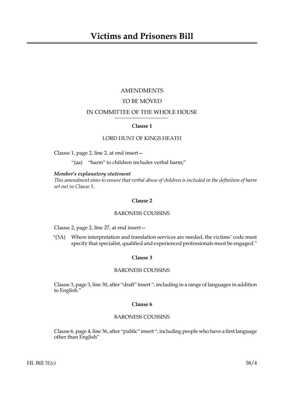 Victims and Prisoners Bill Amendments to be moved in Committee of the Whole House