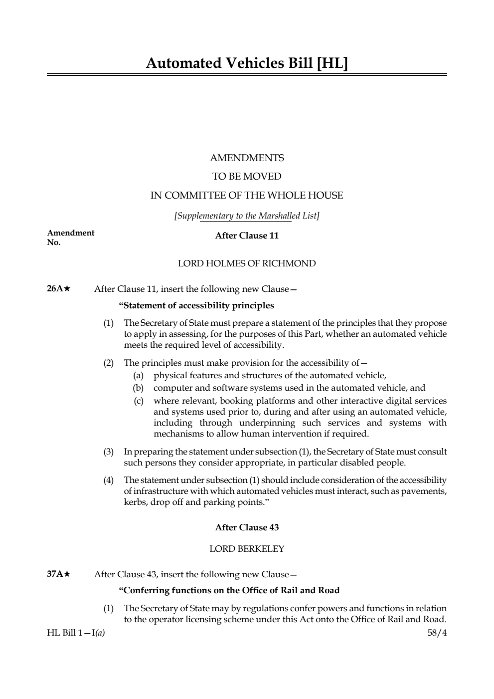 Automated Vehicles Bill Amendments to be moved in committee of the whole House [Supplementary to the Marshalled List]