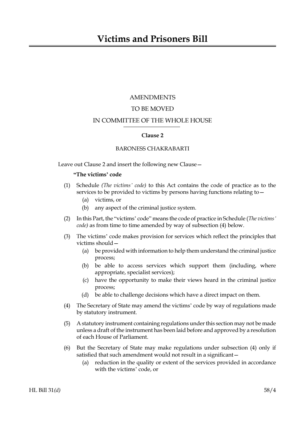 Victims and Prisoners Bill Amendments to be moved in Committee of the Whole House