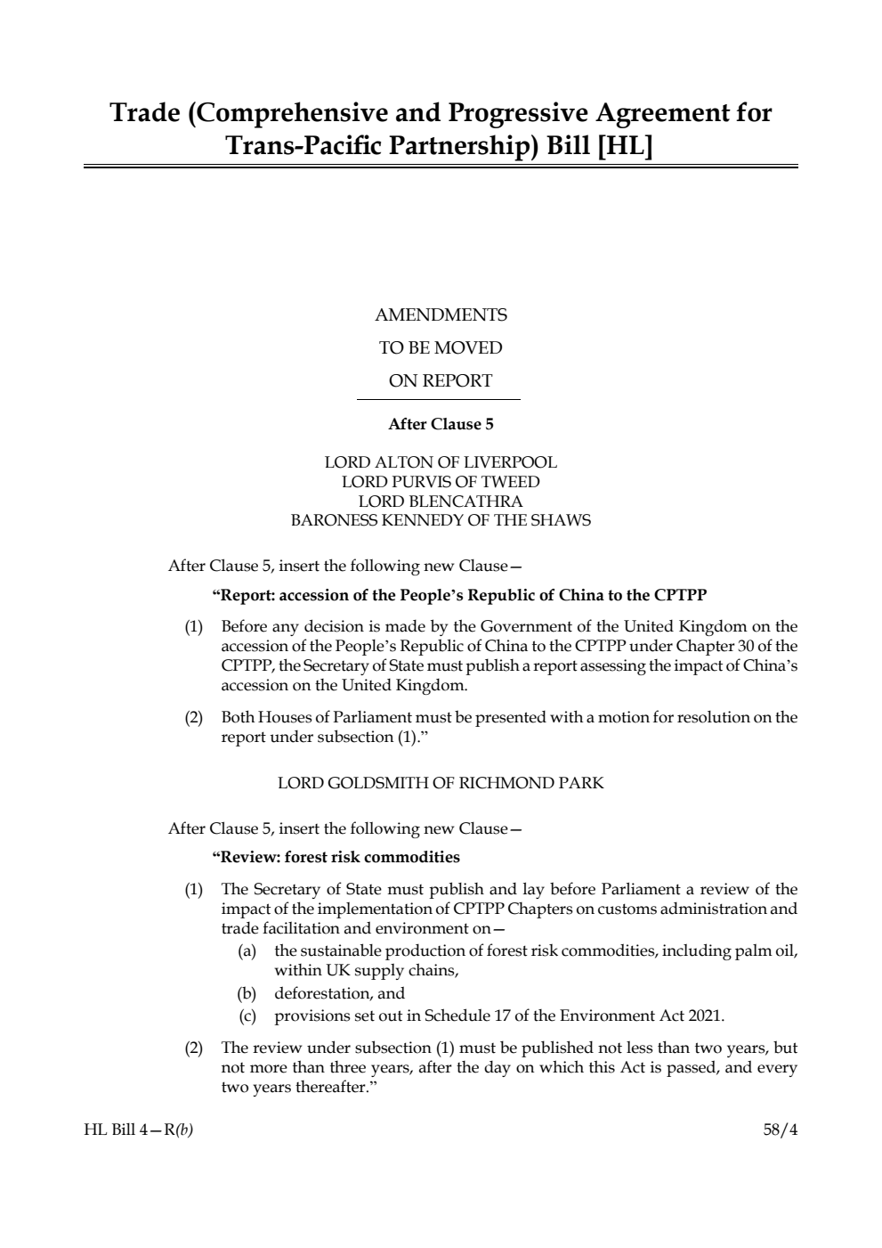 Trade (Comprehensive and Progressive Agreement for Trans-Pacific Partnership) Bill Amendments to be moved on report