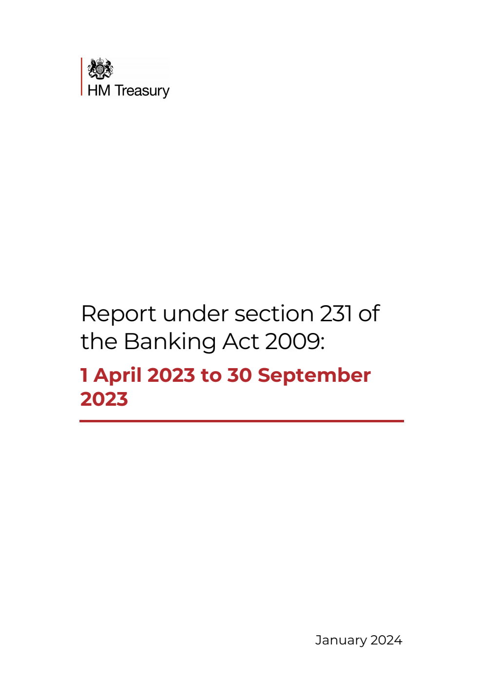 Report under section 231 of the Banking Act 2009: 1 April 2023 to 30 September 2023