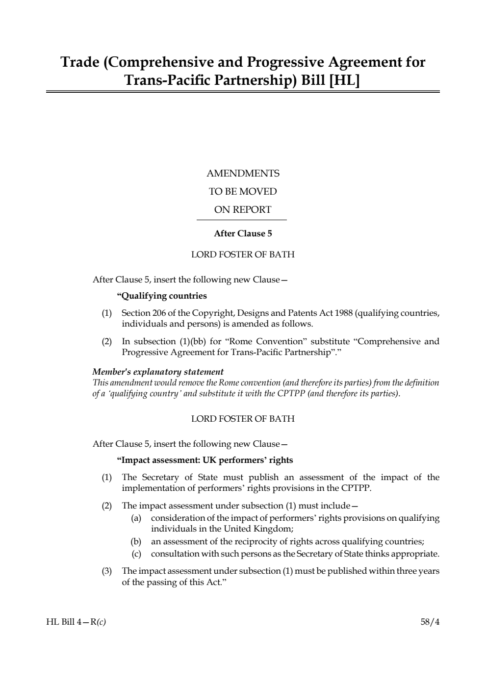 Trade (Comprehensive and Progressive Agreement for Trans-Pacific Partnership) Bill Amendments to be moved on report