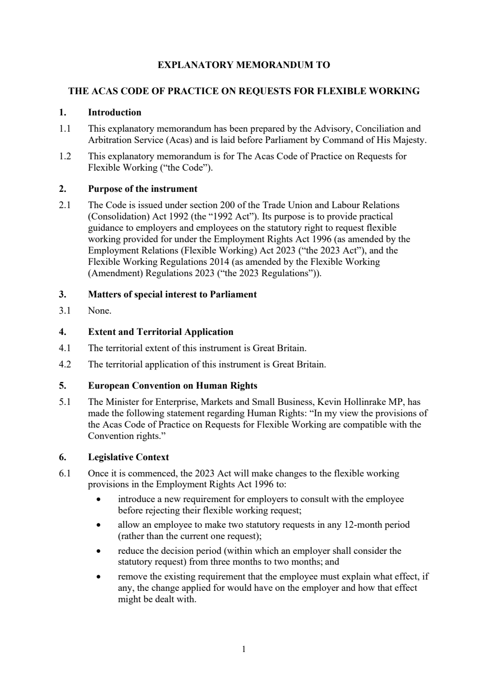 Explanatory memorandum to the Acas code of practice on requests for flexible working
