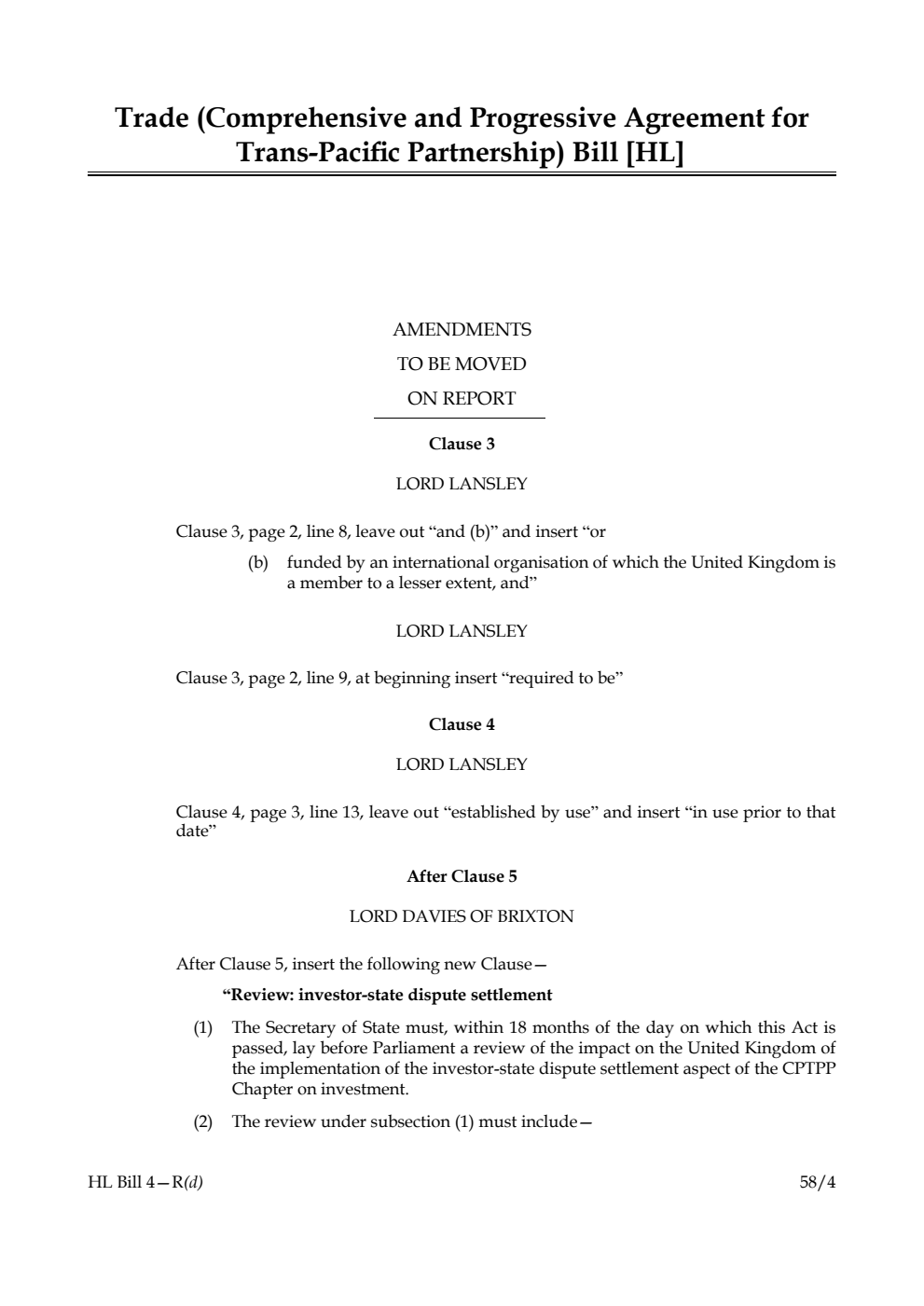 Trade (Comprehensive and Progressive Agreement for Trans-Pacific Partnership) Bill Amendments to be moved on report