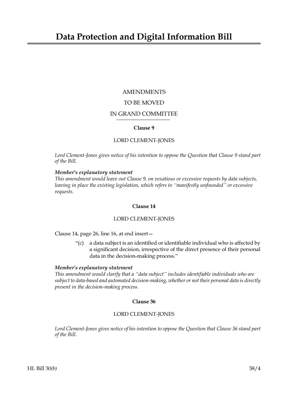 Data Protection and Digital Information Bill Amendments to be moved in Grand Committee