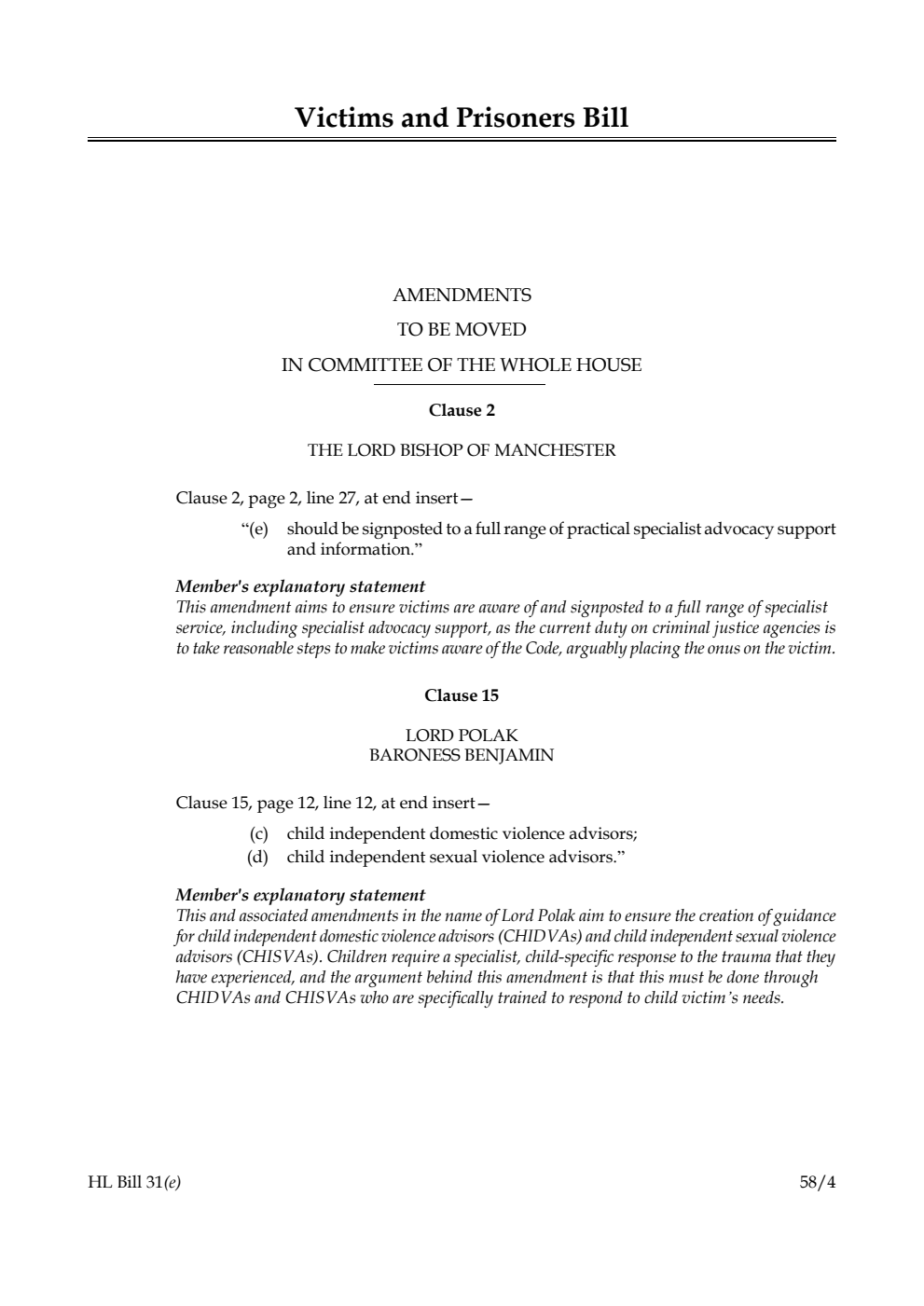 Victims and Prisoners Bill Amendments to be moved in Committee of the Whole House