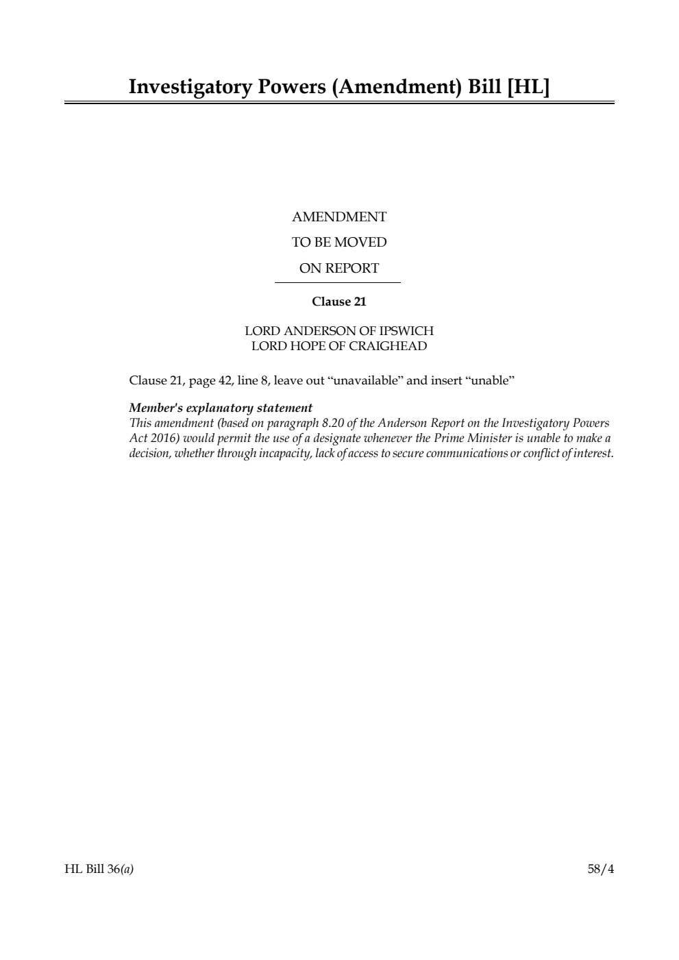 Investigatory Powers (Amendment) Bill Amendment to be moved on report