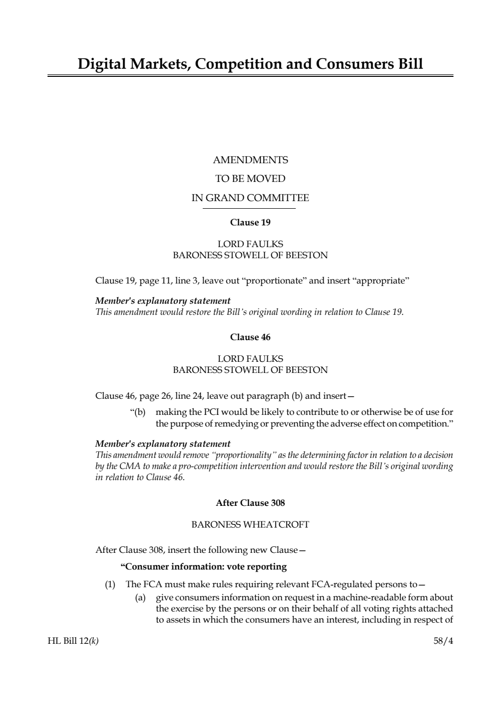 Digital Markets, Competition and Consumers Bill Amendments to be moved in Grand Committee