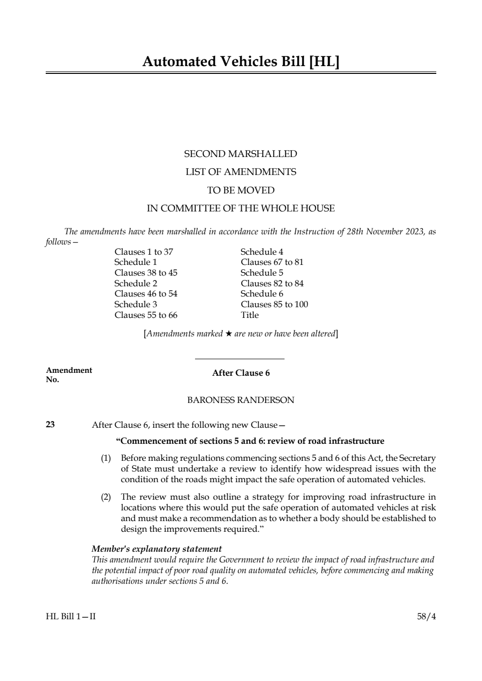Automated Vehicles Bill Second Marshalled List of amendments to be moved in Committee of the Whole House