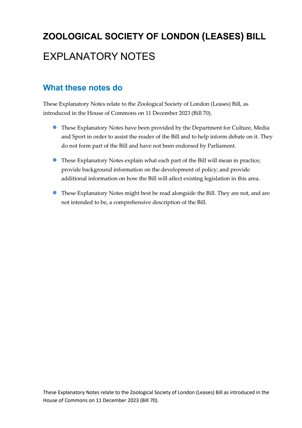 Zoological Society of London (Leases) Bill Explanatory Notes